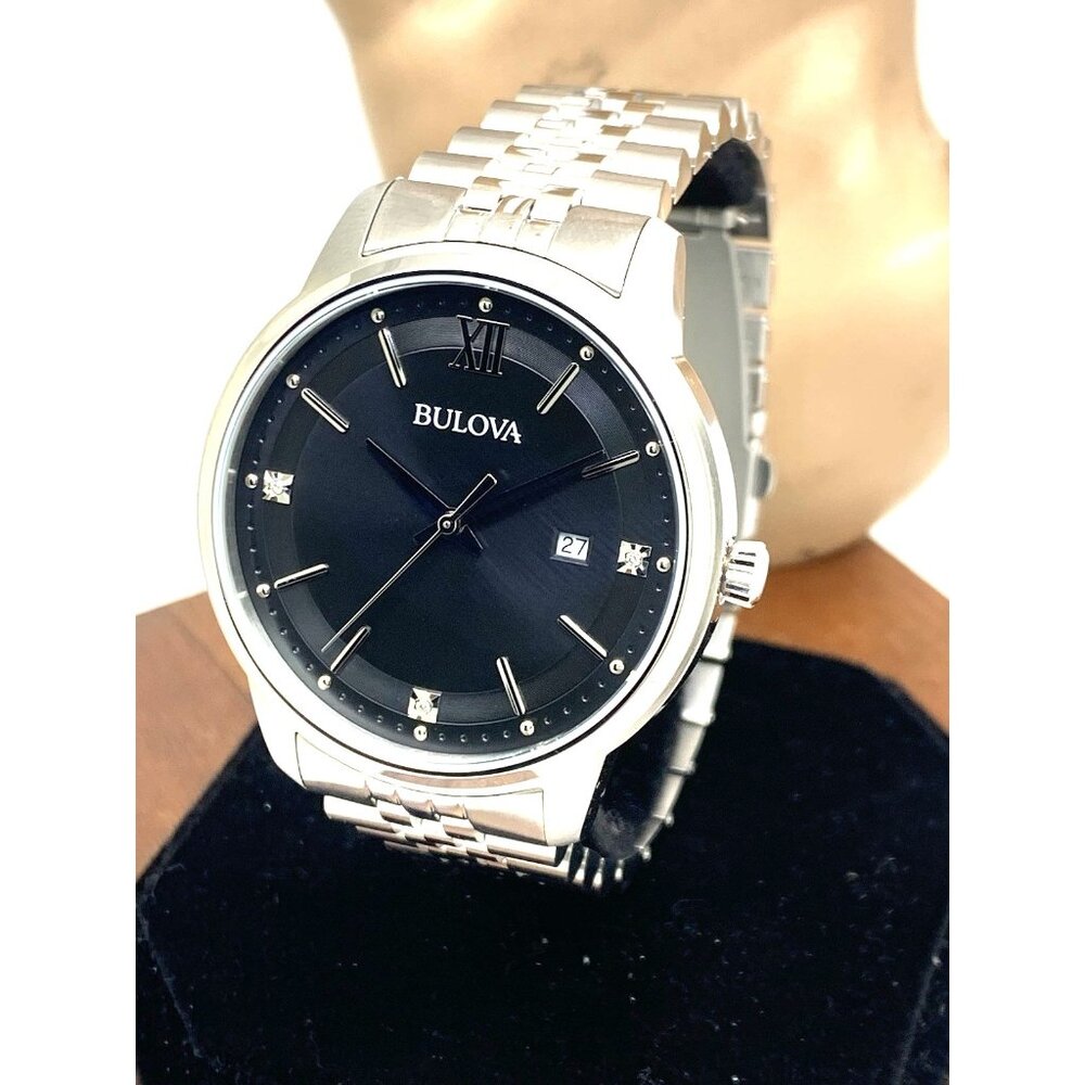 Bulova Men's Watch 96D151 Quartz Diamond Accent Black Dial Stainless Steel 41mm